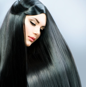 Argan Oil for Long Straight Hair. Beautiful Brunette Girl. Healthy Black Hair.